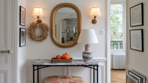 Hallway console table decor featuring a marble top table, gold mirror, and warm wall sconces