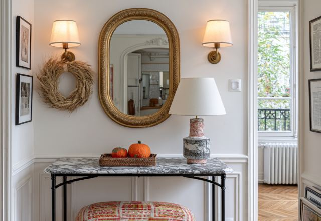 Hallway console table decor featuring a marble top table, gold mirror, and warm wall sconces