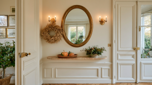 Elegant hallway console table with marble top, oval mirror, and autumn styling against white wainscoting