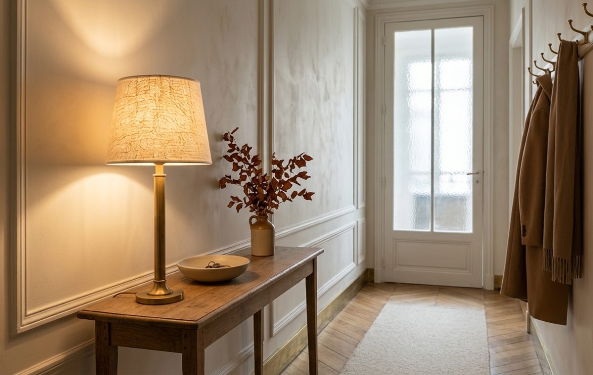 Wooden hallway console table styled with a brass lamp, dry stems, and a key bowl in a narrow corridor with paneled walls.