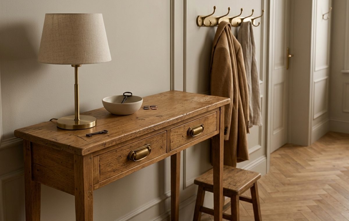 Hallway console table styling with a brass lamp, rustic wooden furniture, and coats hanging on the wall.