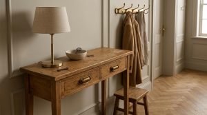 Hallway console table styling with a brass lamp, rustic wooden furniture, and coats hanging on the wall.