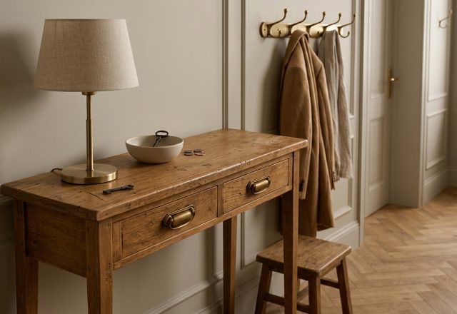 Hallway console table styling with a brass lamp, rustic wooden furniture, and coats hanging on the wall.