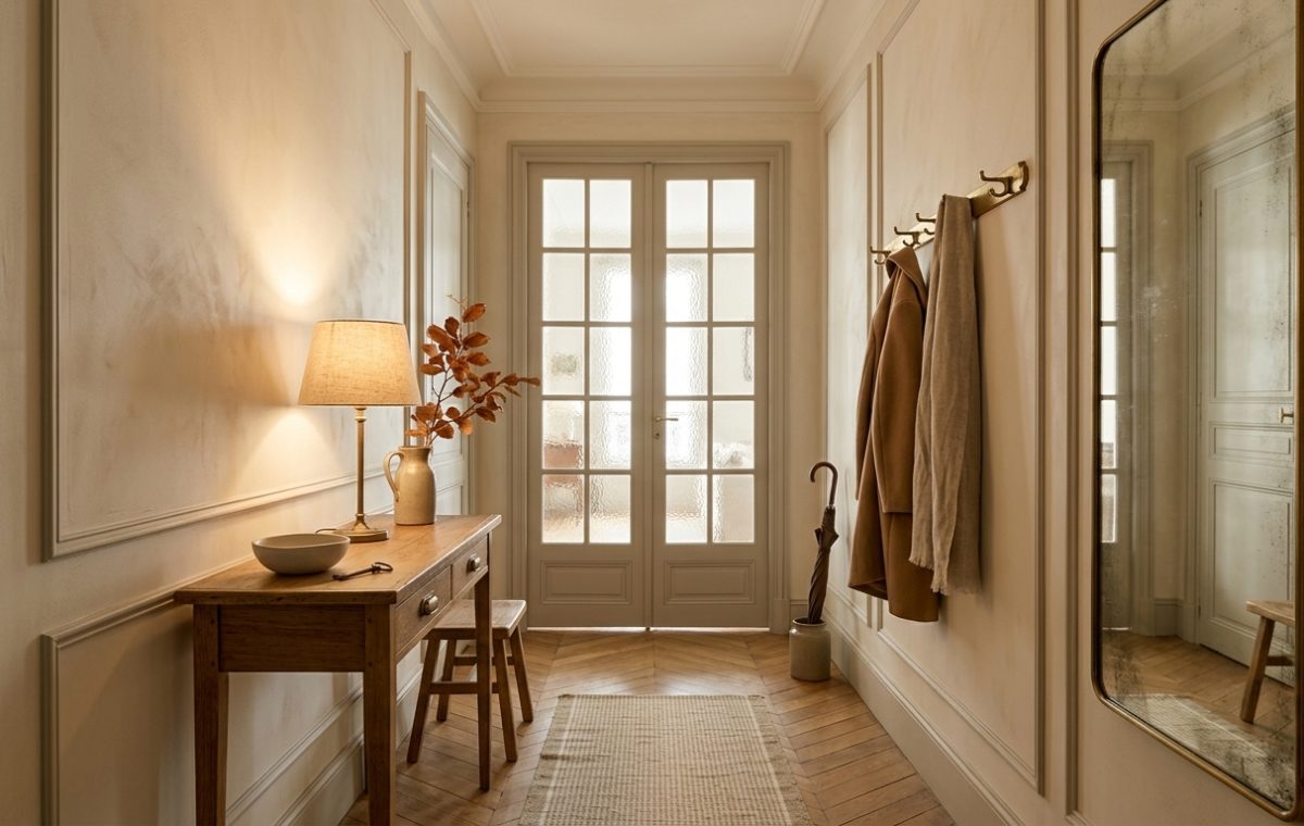 Elegant hallway decorating ideas featuring a wooden console table, brass mirror, and neutral tones.