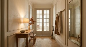 Elegant hallway decorating ideas featuring a wooden console table, brass mirror, and neutral tones.