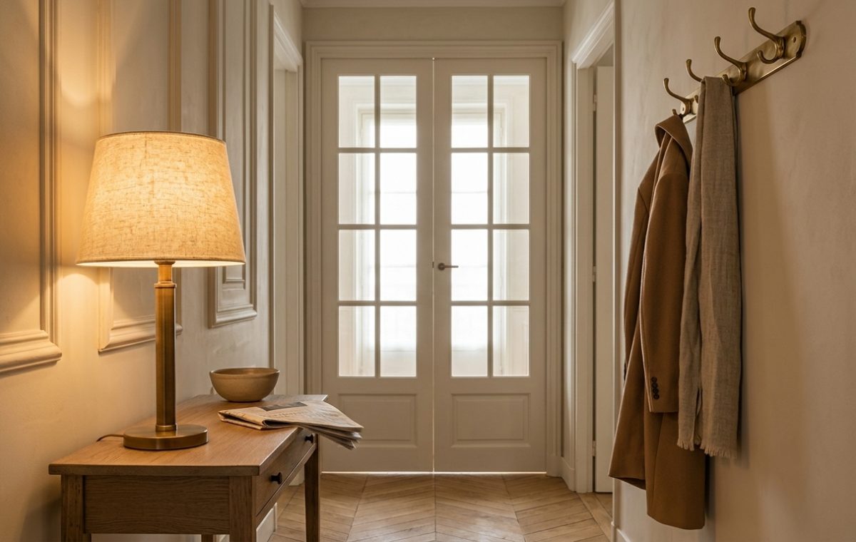 A warm hallway entryway design featuring a brass lamp on a wooden console and chevron wood floors.