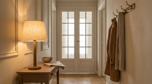 A warm hallway entryway design featuring a brass lamp on a wooden console and chevron wood floors.