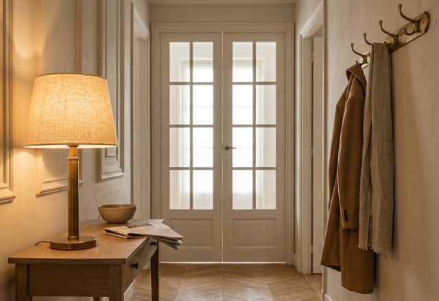 A warm hallway entryway design featuring a brass lamp on a wooden console and chevron wood floors.