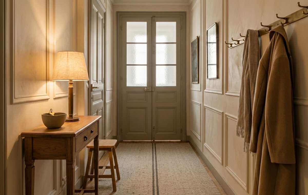Classic hallway entryway design featuring wall moulding, a slim wooden console table, and brass coat rack
