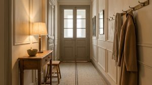 Classic hallway entryway design featuring wall moulding, a slim wooden console table, and brass coat rack