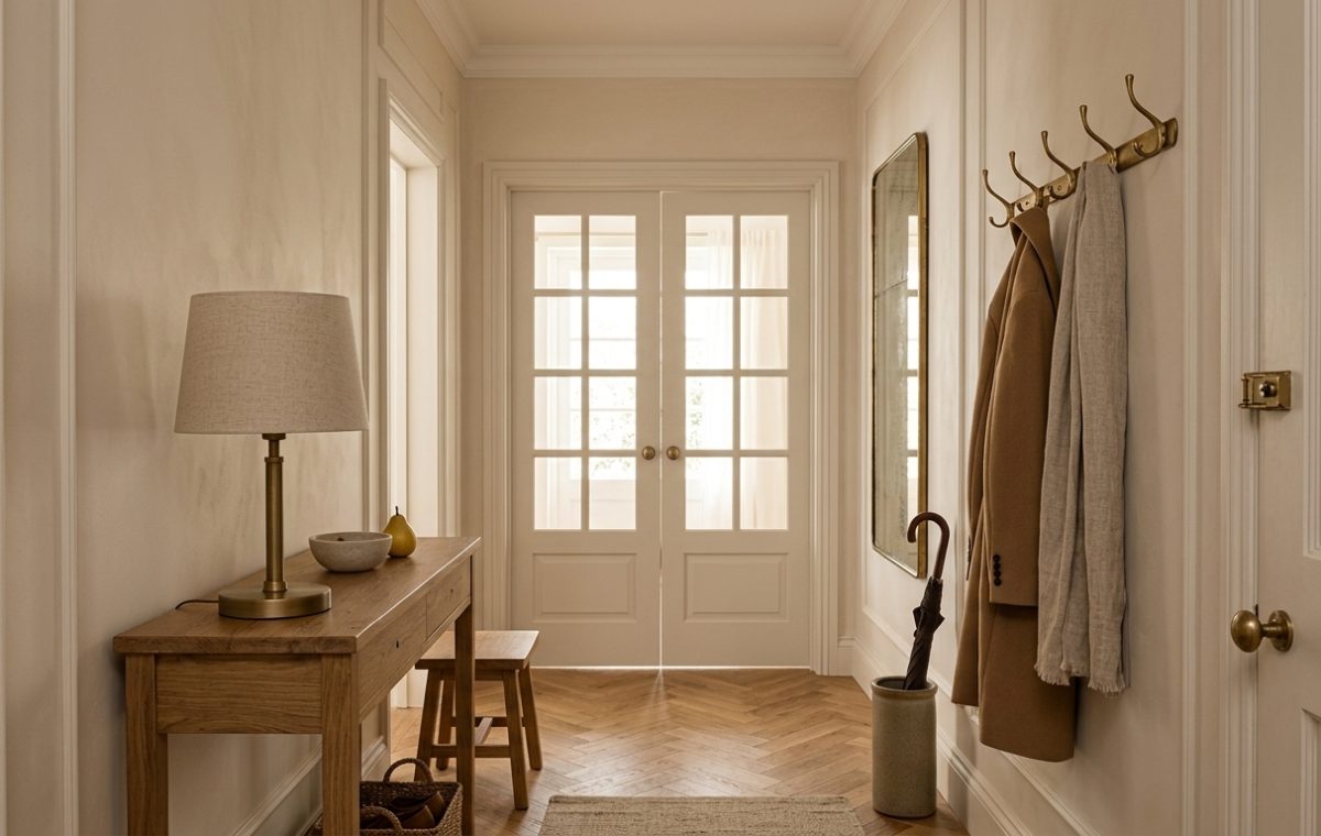 Hallway interior design with oak herringbone floors, wooden console table, and brass coat rack.