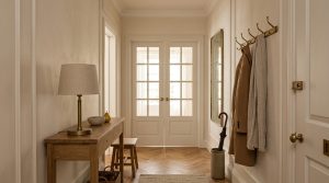 Hallway interior design with oak herringbone floors, wooden console table, and brass coat rack.