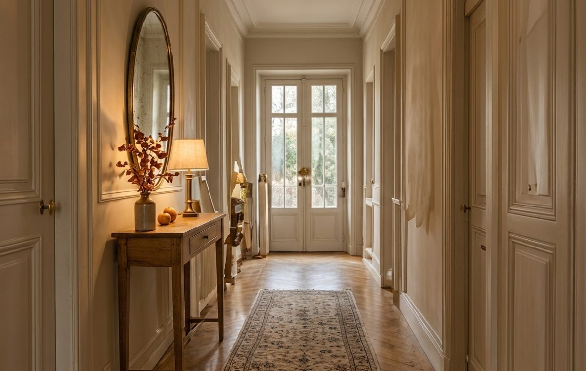 Elegant hallway interior design featuring wooden parquet flooring, an antique console table, and warm lighting leading to glass doors.