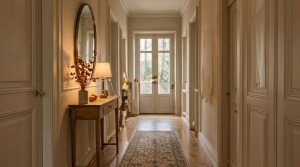 Elegant hallway interior design featuring wooden parquet flooring, an antique console table, and warm lighting leading to glass doors.