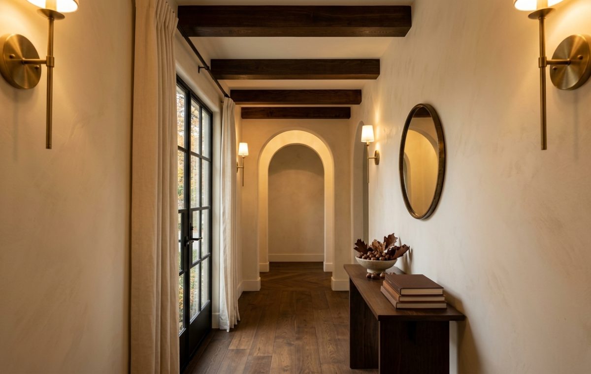 Elegant hallway lighting ideas featuring brass wall sconces, exposed timber beams, and a narrow wood console table.