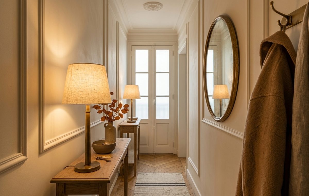 Warm hallway lighting ideas featuring a brass table lamp on a wooden console table with wall molding.