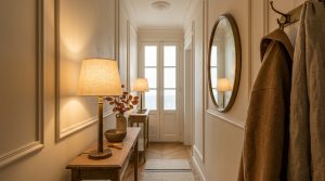 Warm hallway lighting ideas featuring a brass table lamp on a wooden console table with wall molding.