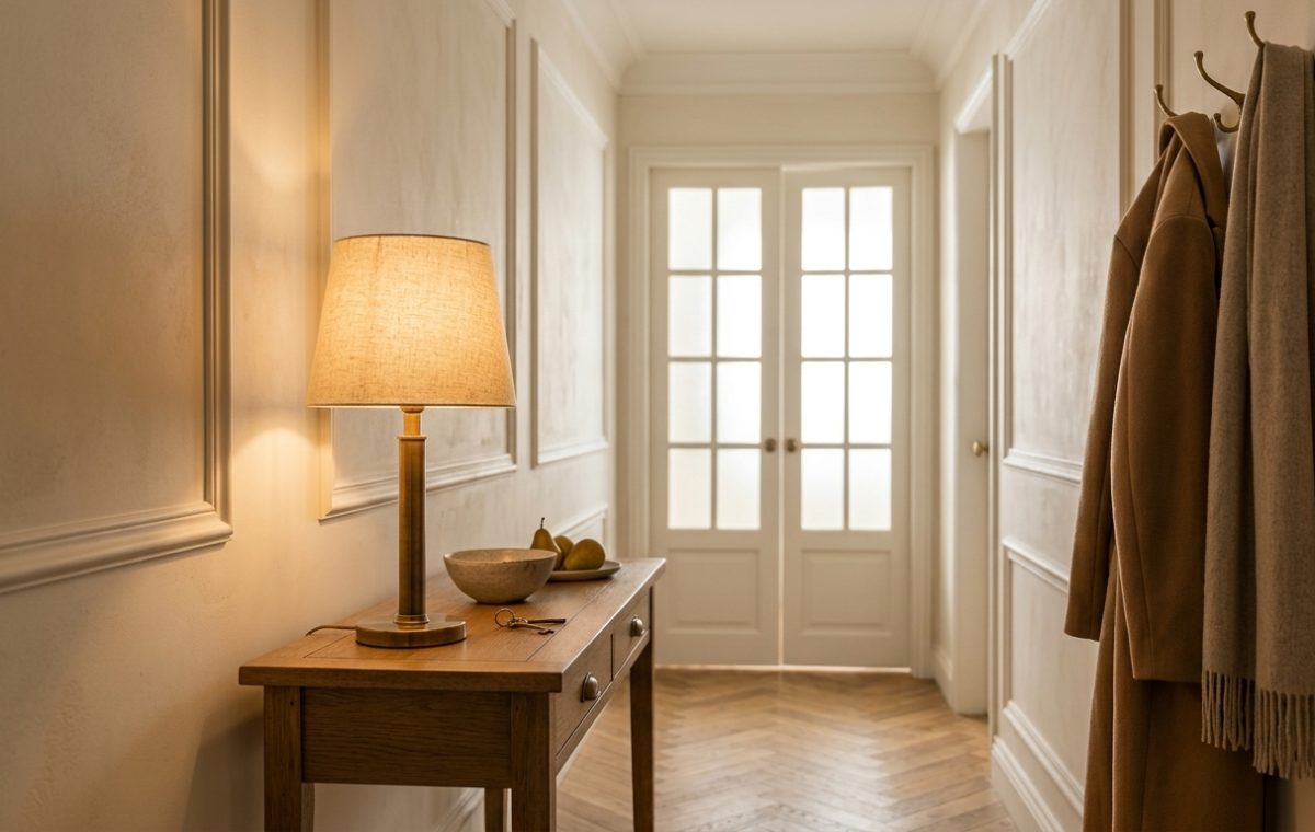 A warm hallway lighting setup featuring a fabric table lamp on a wooden console table beside coat hooks.