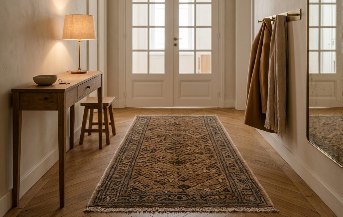 A stylish vintage hallway runner rug placed on herringbone wooden flooring in a bright narrow corridor.