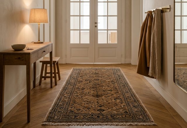 A stylish vintage hallway runner rug placed on herringbone wooden flooring in a bright narrow corridor.