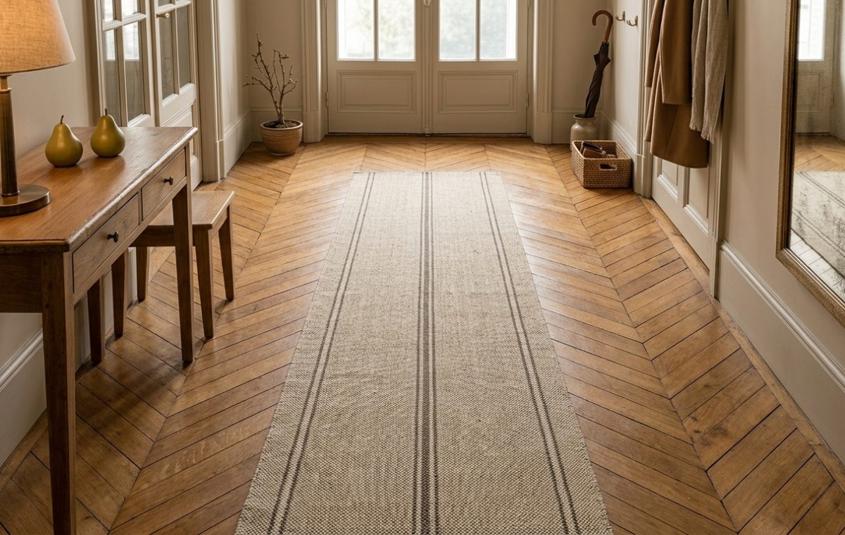 A long striped hallway runner rug on wooden chevron flooring in a bright entryway.