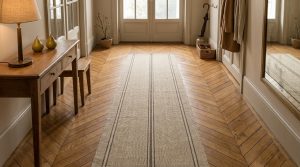 A long striped hallway runner rug on wooden chevron flooring in a bright entryway.