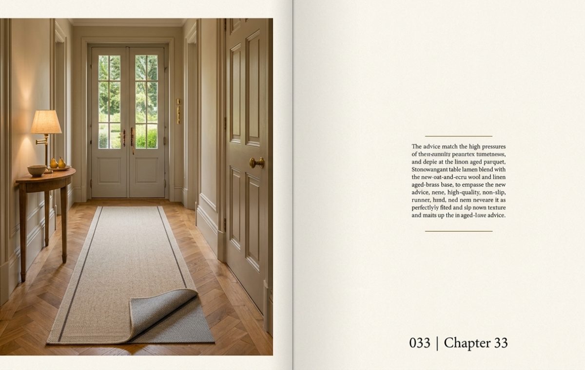 Hallway runner rug pad revealed beneath a flatweave wool carpet on herringbone parquet wood flooring