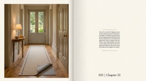 Hallway runner rug pad revealed beneath a flatweave wool carpet on herringbone parquet wood flooring