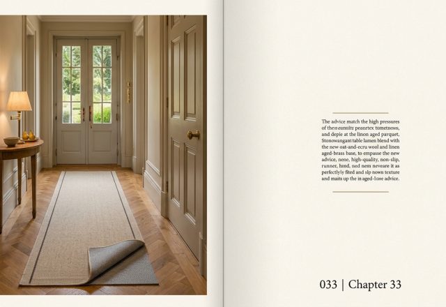 Hallway runner rug pad revealed beneath a flatweave wool carpet on herringbone parquet wood flooring