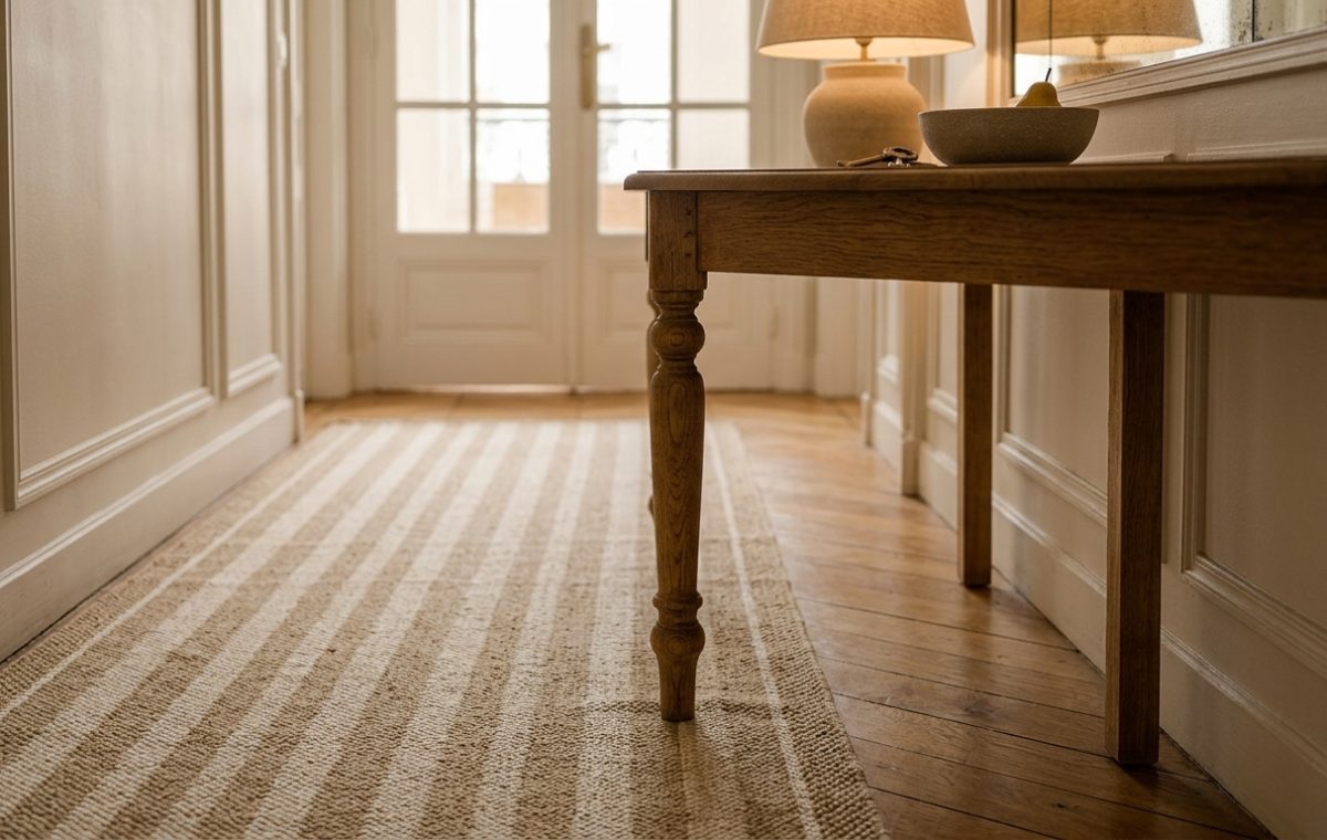 A long striped hallway runner rug on wooden flooring next to a console table.