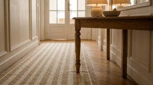 A long striped hallway runner rug on wooden flooring next to a console table.