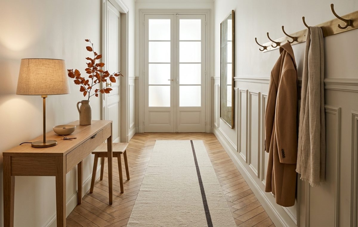 Bright hallway styling ideas featuring a slim wooden console table, brass coat hooks, and wainscoting.