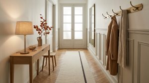 Bright hallway styling ideas featuring a slim wooden console table, brass coat hooks, and wainscoting.
