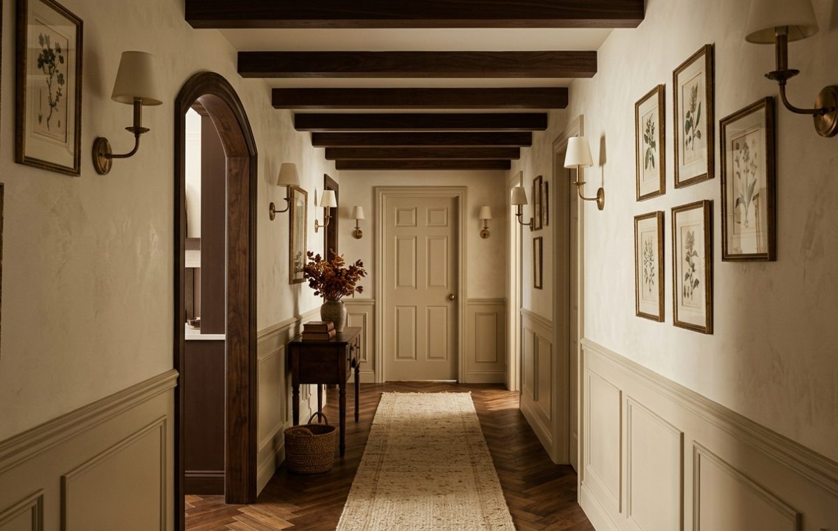 Elegant hallway wainscoting with dark wood beams, brass sconces, and botanical art gallery wall.