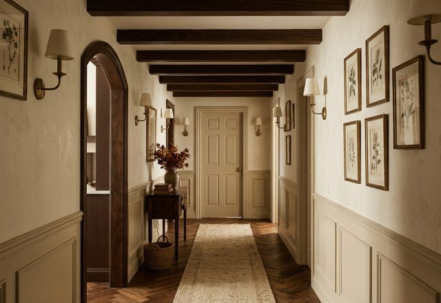 Elegant hallway wainscoting with dark wood beams, brass sconces, and botanical art gallery wall.
