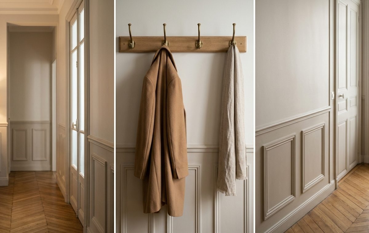 Classic hallway wainscoting ideas with antique brass coat hooks and chevron wood flooring