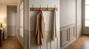 Classic hallway wainscoting ideas with antique brass coat hooks and chevron wood flooring