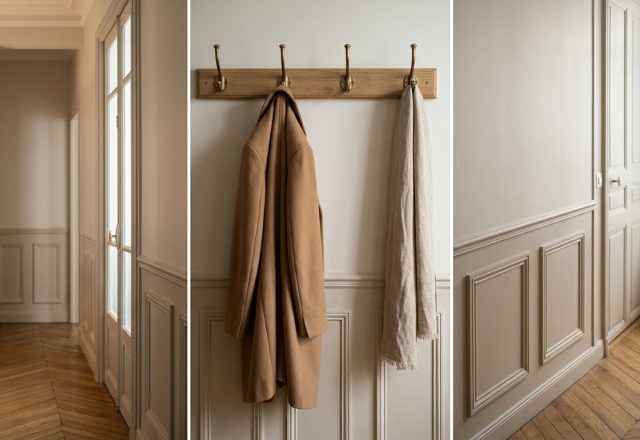 Classic hallway wainscoting ideas with antique brass coat hooks and chevron wood flooring