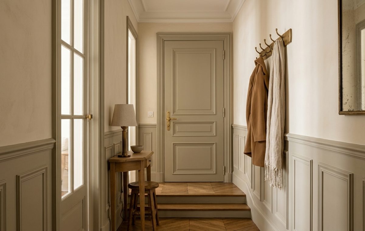 Classic hallway wainscoting ideas with greige wall molding, chevron wood floors, and brass hardware in an entry.