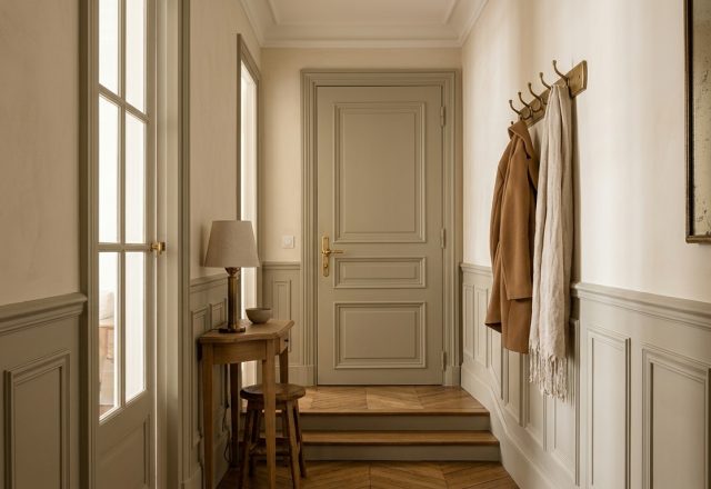 Classic hallway wainscoting ideas with greige wall molding, chevron wood floors, and brass hardware in an entry.