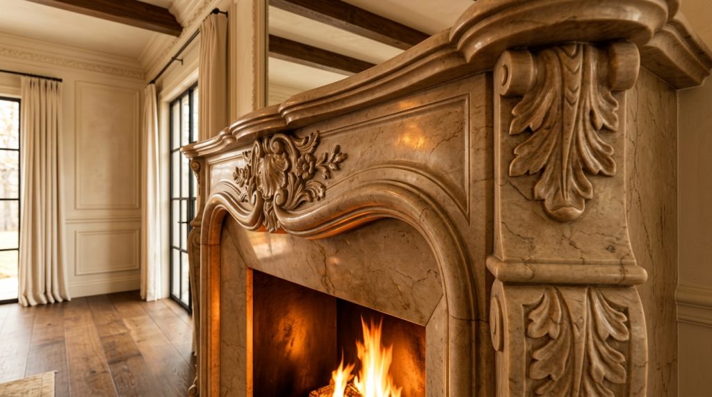 Hand Carved Stone Fireplace Mantel Ideas For Classic Spaces