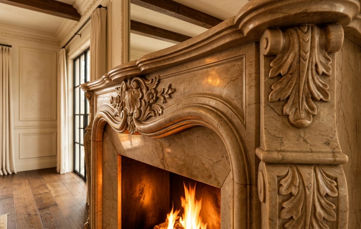 Close-up view of a hand-carved stone fireplace mantel with intricate floral reliefs in a traditional living room.