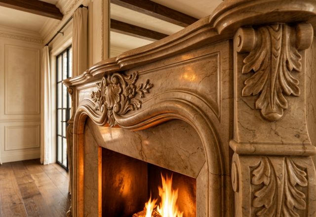 Close-up view of a hand-carved stone fireplace mantel with intricate floral reliefs in a traditional living room.
