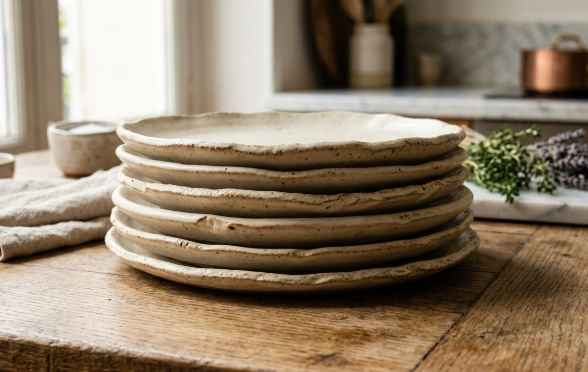 A stack of handmade ceramic plates resting on a rustic wooden table in a sunlit kitchen.