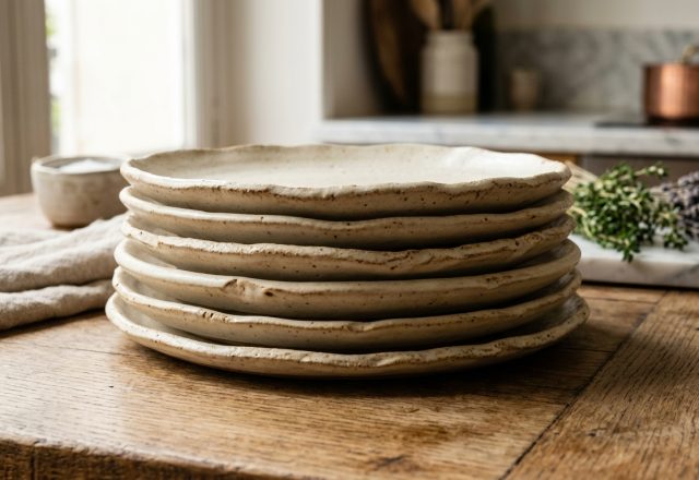 A stack of handmade ceramic plates resting on a rustic wooden table in a sunlit kitchen.