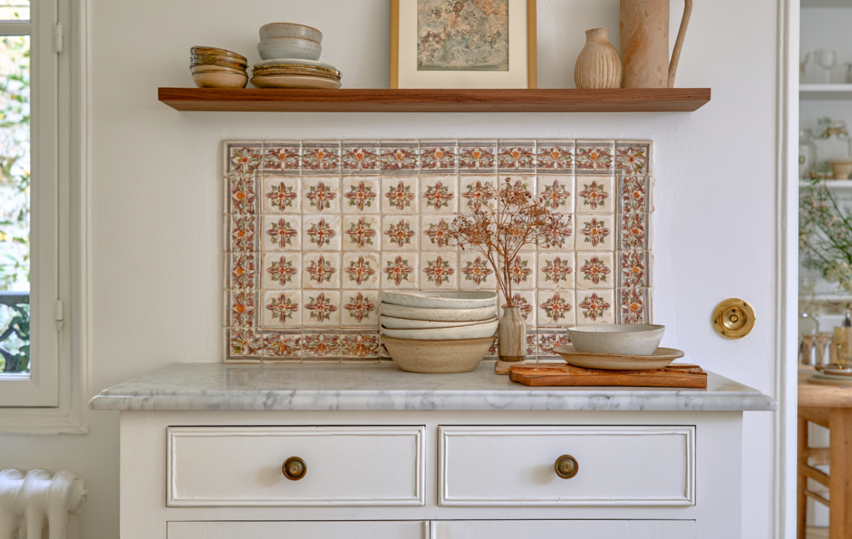 Handpainted kitchen backsplash tile framed with decorative borders above a white marble countertop.
