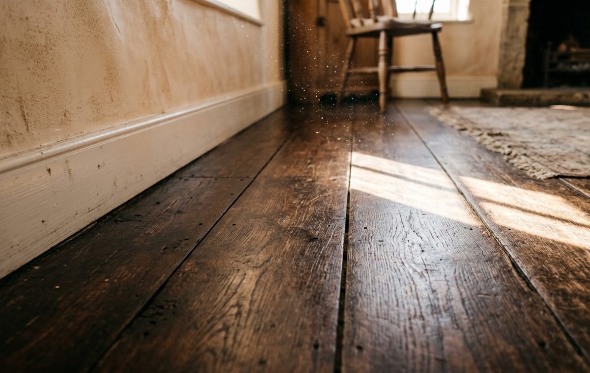 Sunlight streaming across dark, wide rustic hardwood floorboards next to a white baseboard.
