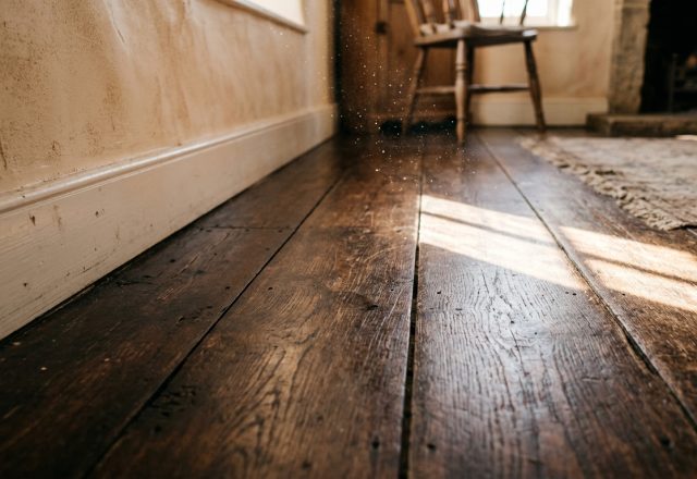 Sunlight streaming across dark, wide rustic hardwood floorboards next to a white baseboard.