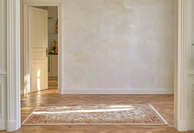 Hardwood flooring ideas featuring herringbone wood floors and an antique rug in a sunlit historic home interior