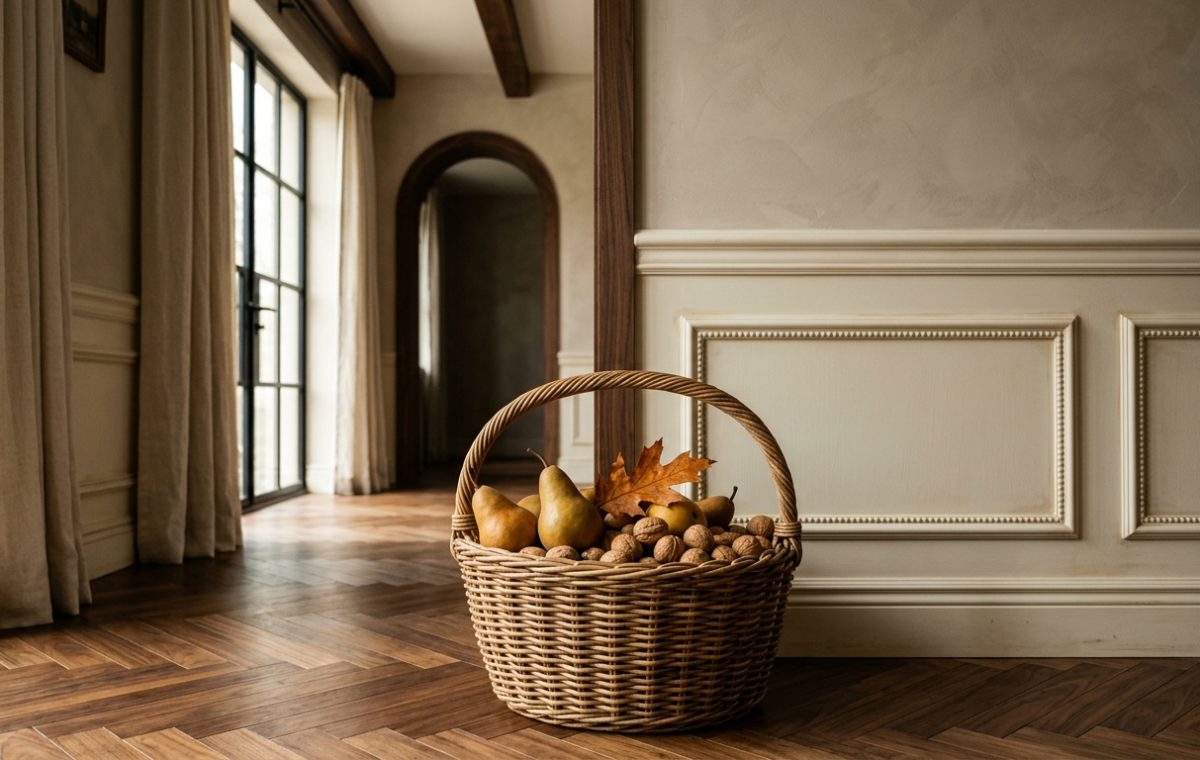 Herringbone hardwood flooring in a transitional hallway featuring neutral wall paneling and a basket of pears.